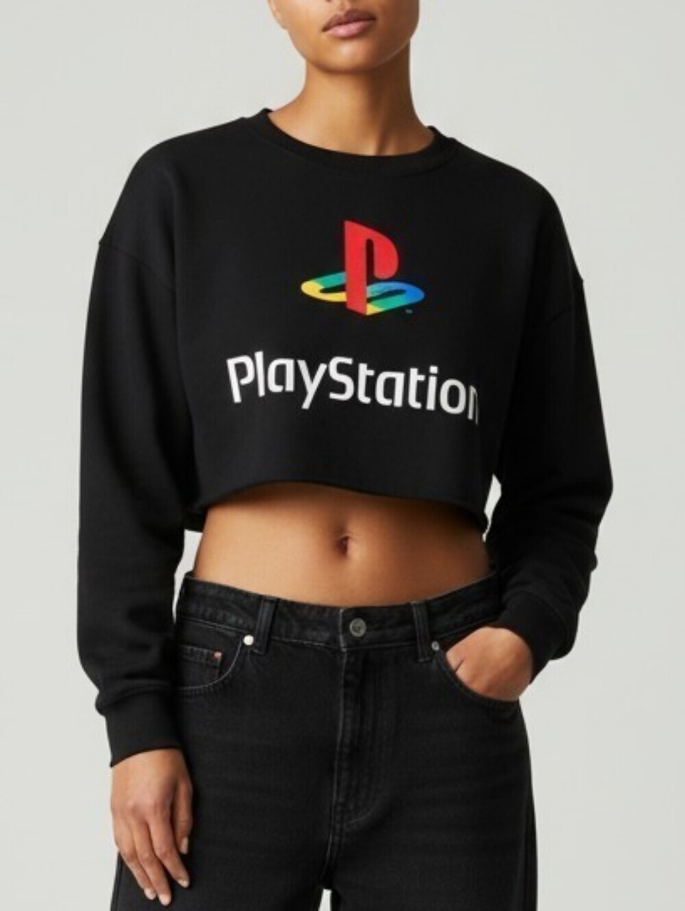 PlayStation Black Cropped Sweatshirt Raw Roll Hem Sony Gamer Video Game Top S